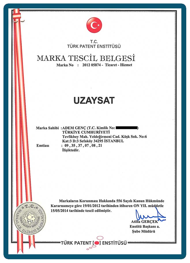 UZAYSAT Marka Tescil Belgemiz